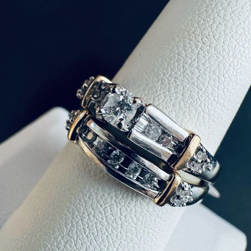 14K White and Yellow Gold Diamond Bridal Ring Set size 8.25